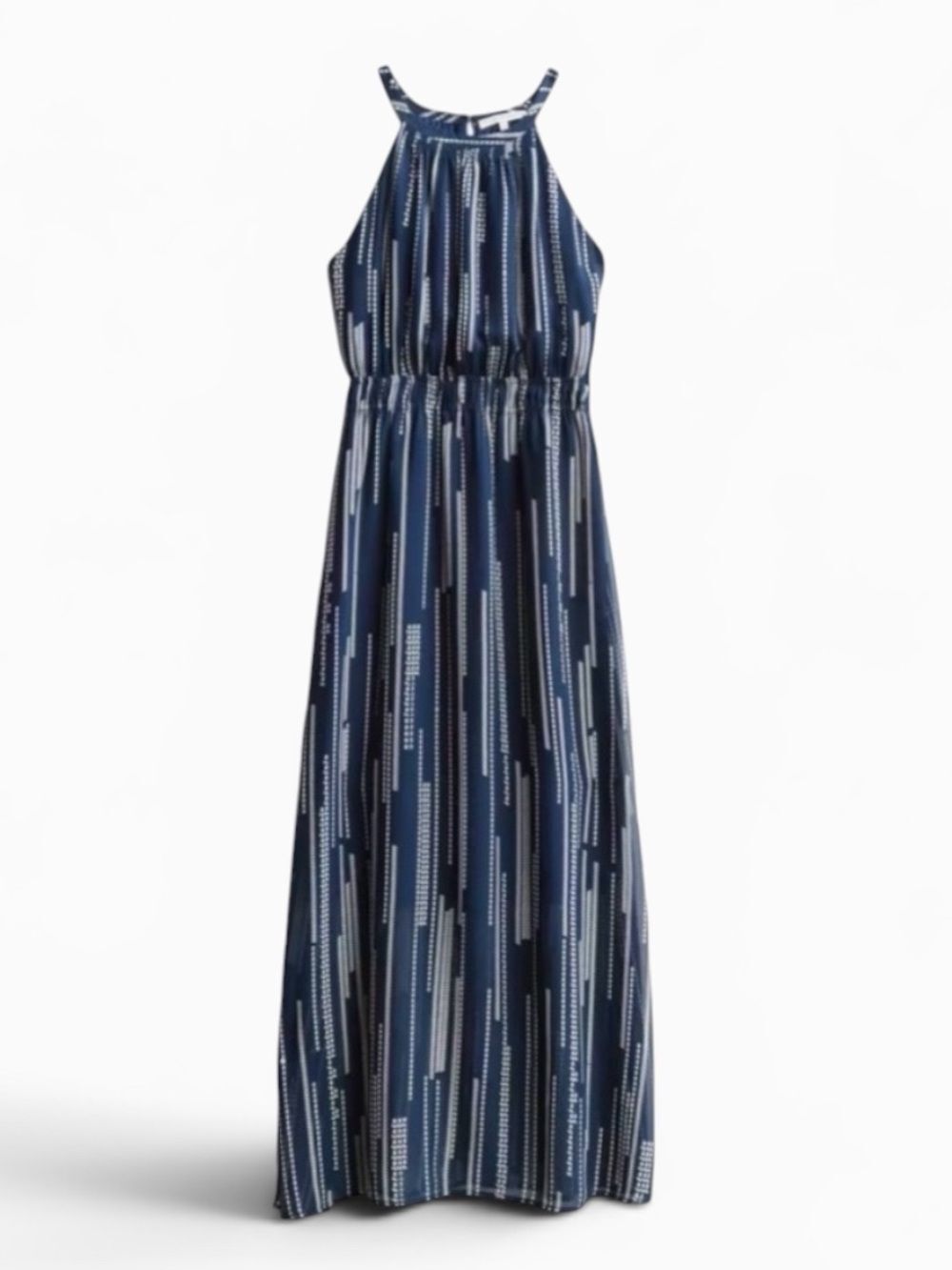 Collective Concepts Navy Halter-Neck Maxi Dress with Vertical Dot Stripes